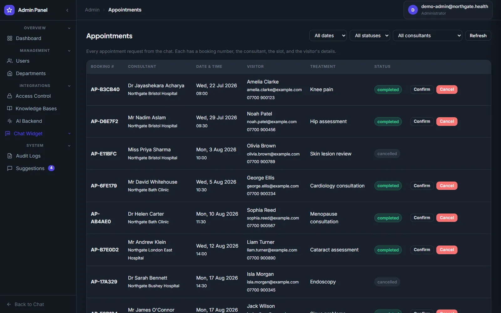 AI Knowledge Base and Appointments Platform: Appointments booked from chat