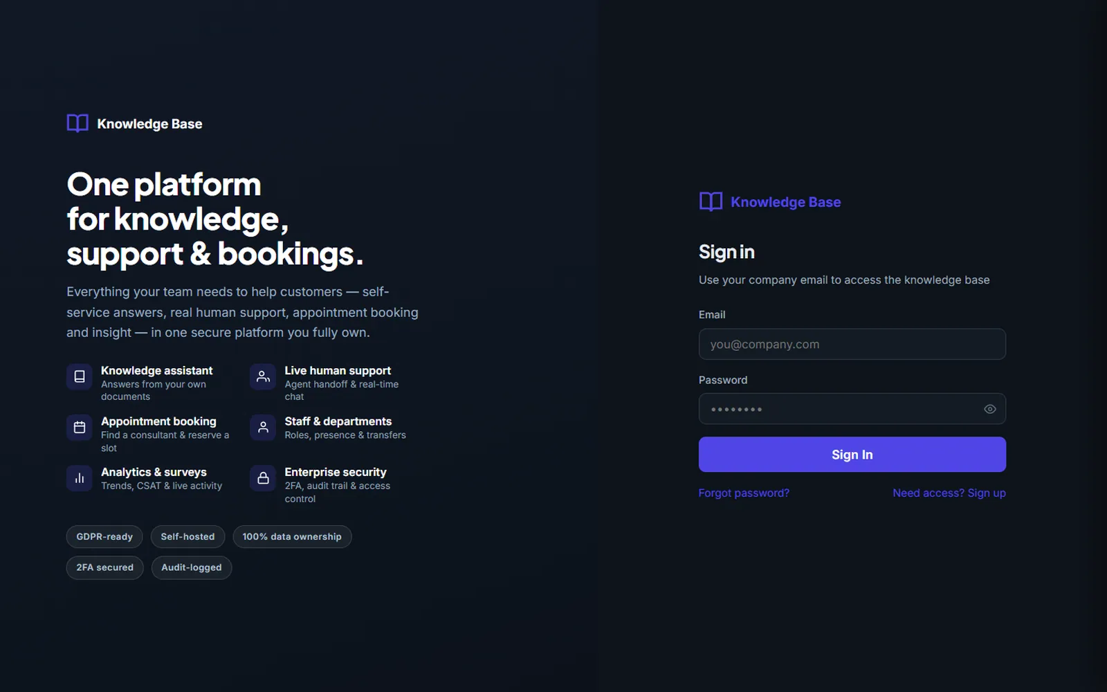 AI Knowledge Base and Appointments Platform: Secure sign-in
