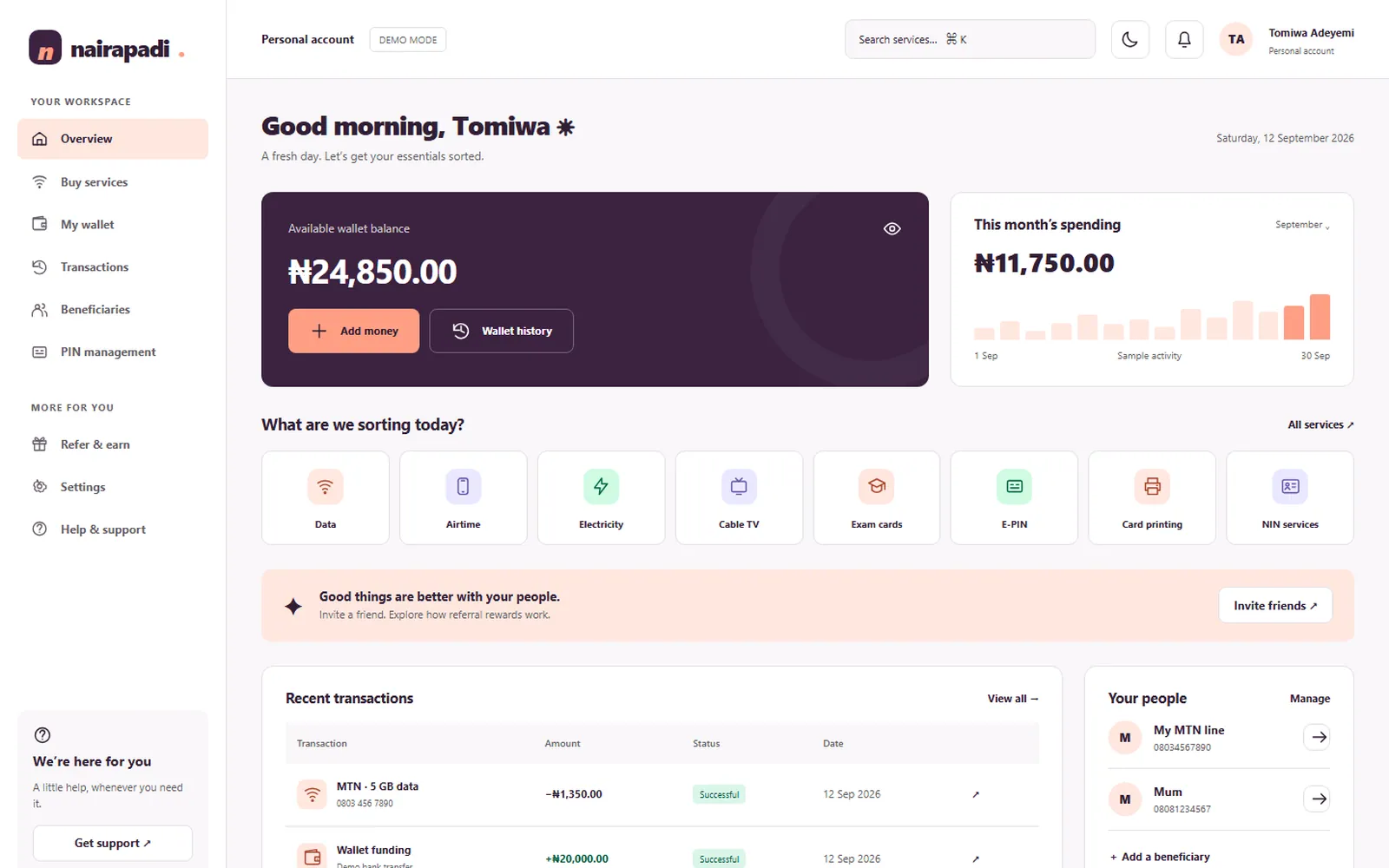 NairaPadi VTU App: Dashboard
