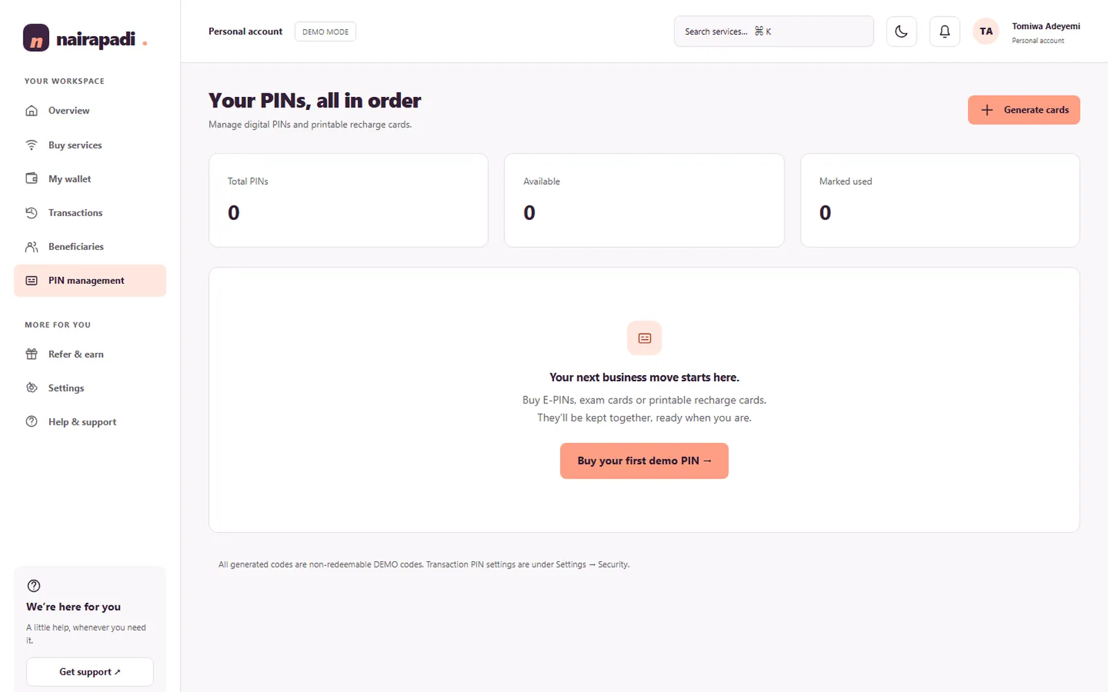 NairaPadi VTU App: Pins