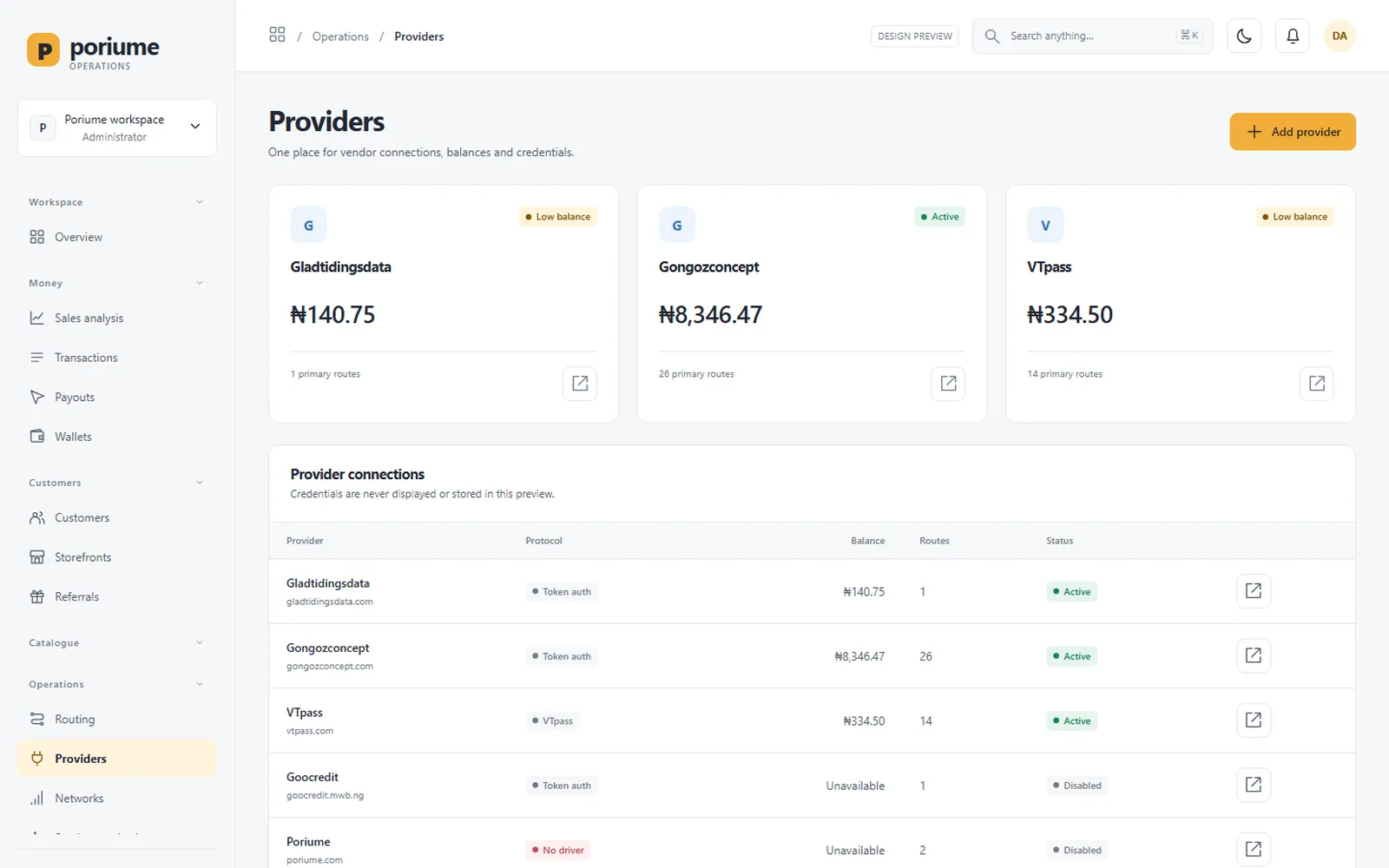 Poriume VTU Platform: Admin: Providers