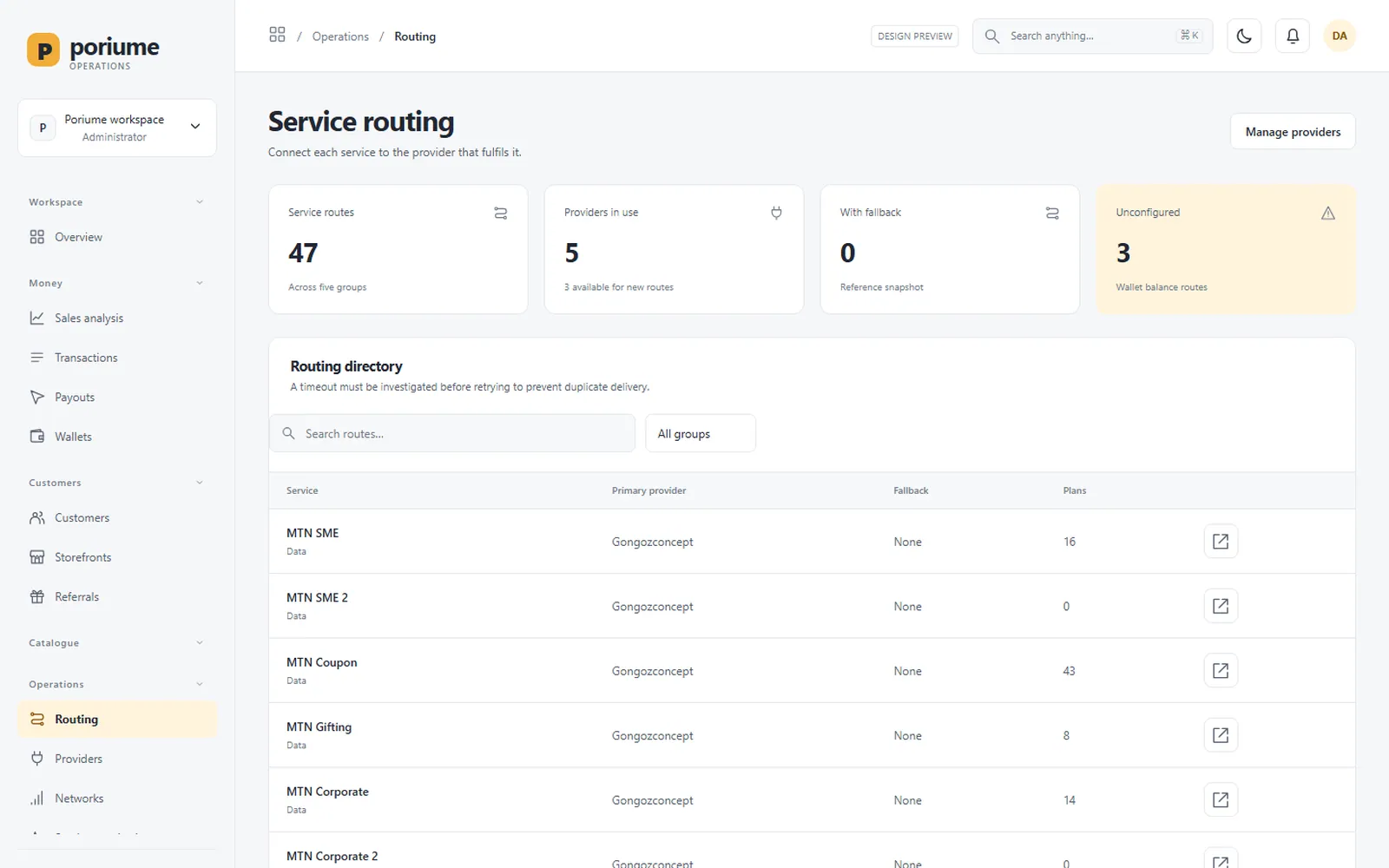 Poriume VTU Platform: Admin: Routing